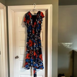 Midi dress in blue with red floral print from Lane Bryant